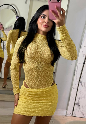 Women Autumn Winter Lace Long Sleeve Finger Loop Bodysuit and Skirt Two Piece Set