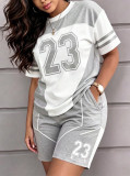 Women Spring Summer Casual Printed Short Sleeve Top and Shorts Two Piece Set