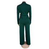 Women Elegant Pearl Long Sleeve Blazer and Pant Two Piece Set
