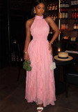 Women French Halter Neck Sleeveless Summer Ruffled Holidays Maxi Dress