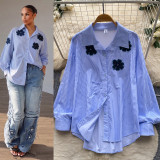 Women Striped Floral Embroidery Long Sleeve Blouse Top