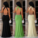 Women Sexy High Neck Backless Ruched Mermaid Maxi Dress