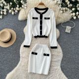 Women Color Block Knitting Autumn Metal Buckle Top and Bodycon Skirt Two Piece Set