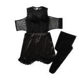 Women See-Through Mesh Bodysuit Patchwork Lace Stockings Lingerie Set