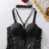 Women See-Through Mesh Patchwork Pu-Leather Two Piece Lingerie Set