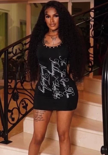 Women Letter Print Neck Rivet Sleeveless Bodycon Dress