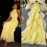 Women French Halter Neck Sleeveless Summer Ruffled Holidays Maxi Dress