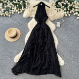 Women French Halter Neck Sleeveless Summer Ruffled Holidays Maxi Dress