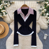 Women Color Block Polo Collar Fake Two-Piece Long Sleeve Top