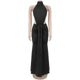 Women Sexy High Neck Backless Ruched Mermaid Maxi Dress