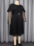 Plus Size Women Black Patchwork Lace Long Sleeve Ruffled Collar Pleated Formal Party Dress