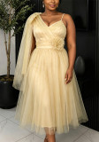 Women Party One Shoulder Mesh V-Neck Floral Strap Evening Dress