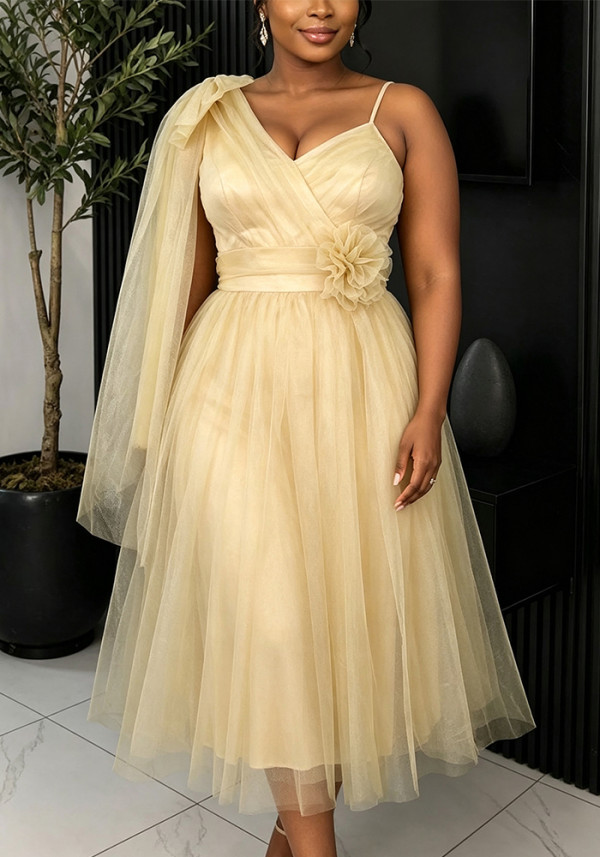 Women Party One Shoulder Mesh V-Neck Floral Strap Evening Dress