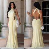Women Sexy High Neck Backless Ruched Mermaid Maxi Dress