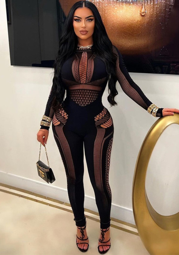 Women Autumn Knitting Hollow Stretch Jumpsuit