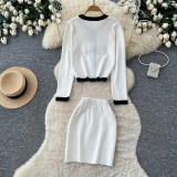 Women Color Block Knitting Autumn Metal Buckle Top and Bodycon Skirt Two Piece Set