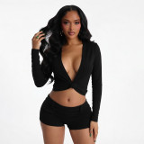 Women V-Neck Cross Long Sleeve Top