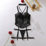 Women See-Through Mesh Patchwork Pu-Leather Two Piece Lingerie Set