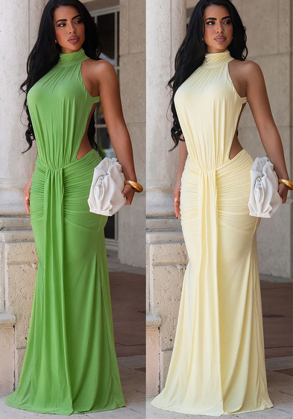 Women Sexy High Neck Backless Ruched Mermaid Maxi Dress