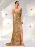 Women Gold Sequin Strap Deep V Slit Mermaid Long Formal Party Evening Dress