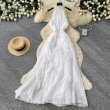 Women French Halter Neck Sleeveless Summer Ruffled Holidays Maxi Dress