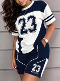 Women Spring Summer Casual Printed Short Sleeve Top and Shorts Two Piece Set