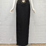 Women Halter Neck Hollow Sexy Beaded Bandage Maxi Dress