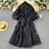 Women French Rhinestone Turndown Collar Lantern Sleeve Mesh Tassel Patchwork Dress