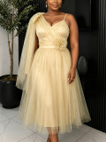 Women Party One Shoulder Mesh V-Neck Floral Strap Evening Dress
