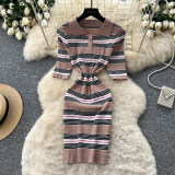 Women French Polo Collar Striped Knitting Summer Sexy Bodycon Dress