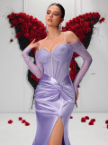 Women Off Shoulder Beaded Mesh Long Sleeve High Slit Mermaid Evening Dress