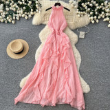 Women French Halter Neck Sleeveless Summer Ruffled Holidays Maxi Dress