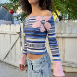 Women’s Fall Off Shoulder Striped Color Block Printed Top