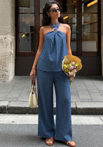 Women’s Summer Solid Color Sleeveless Halter Neck Casual Loose Two Piece Pants Set Women’s Summer Solid Color Sleeveless Halter Neck Casual Loose Two Piece Pants Set