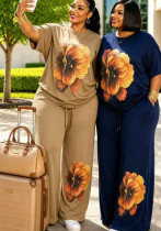Women’s Plus Size Casual Beaded Floral Print Two Piece Round Neck Short Sleeve Top and Straight Leg Pants Set Women’s Plus Size Casual Beaded Floral Print Two Piece Round Neck Short Sleeve Top and Straight Leg Pants Set