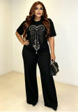 Women’s Fashion Rhinestone Bow Round Neck Relaxed Short Sleeve Wide Leg Knitted Two Piece Pants Set