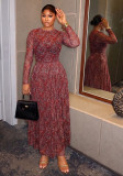 Women’s Fall Red Printed Slim Waist Slim Fit Chic Elegant Two Piece Skirt Set