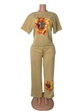 Women’s Plus Size Casual Beaded Floral Print Two Piece Round Neck Short Sleeve Top and Straight Leg Pants Set