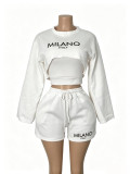 Women’s Plus Size Three Piece Letter Print Long Sleeve Crop Top Tank Vest and Drawstring Shorts Set
