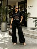 Women’s Plus Size Casual Leopard Print Beaded Handbag Print Short Sleeve Wide Leg Pants Set