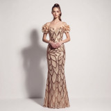 Women’s Elegant Gradient Sequin Beaded Off Shoulder Formal Party Gown