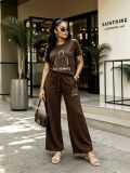 Women’s Plus Size Casual Leopard Print Beaded Handbag Print Short Sleeve Wide Leg Pants Set