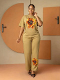 Women’s Plus Size Casual Beaded Floral Print Two Piece Round Neck Short Sleeve Top and Straight Leg Pants Set