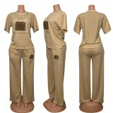 Women’s Plus Size Casual Leopard Print Beaded Handbag Print Short Sleeve Wide Leg Pants Set