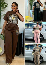 Women’s Leopard Print Flocked Beaded Short Sleeve Wide Leg Pants Set Women’s Leopard Print Flocked Beaded Short Sleeve Wide Leg Pants Set