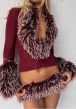 Women’s Fall Fashion Fur Collar Long Sleeve Top and Sexy Low Waist Faux Fur Mini Skirt Set