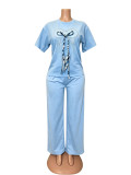 Women’s Fashion Rhinestone Bow Round Neck Relaxed Short Sleeve Wide Leg Knitted Two Piece Pants Set