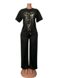 Women’s Fashion Rhinestone Bow Round Neck Relaxed Short Sleeve Wide Leg Knitted Two Piece Pants Set