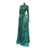 Women’s Long Sleeve Mesh Sexy Tie Dye Printed Evening Gown