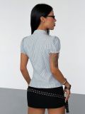 Women’s Summer Sexy Ruffle Edge Slim Waist V Neck Striped Short Sleeve Shirt